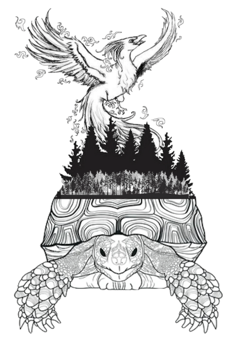 line drawing of a turtle with forest growing on it's back and a phoenix bird above the trees